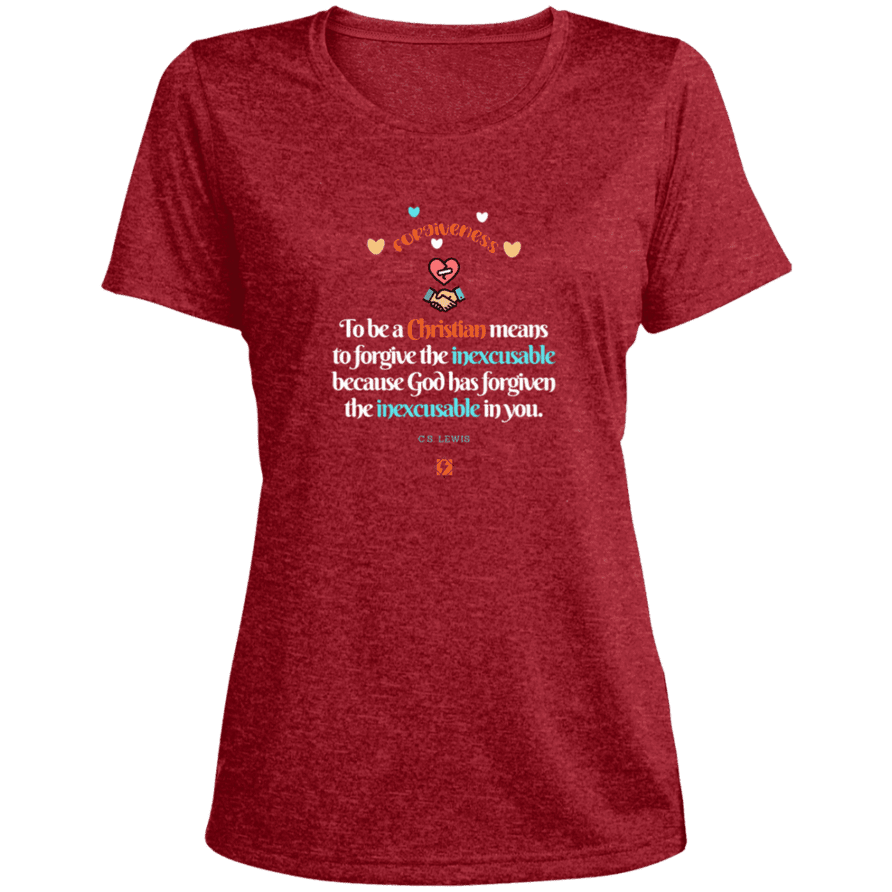 Ladies' Heather Scoop Neck Performance Tee with inspiring CS Lewis quote: CS116 - Forgive the inexcusable - Color: Scarlet Heather