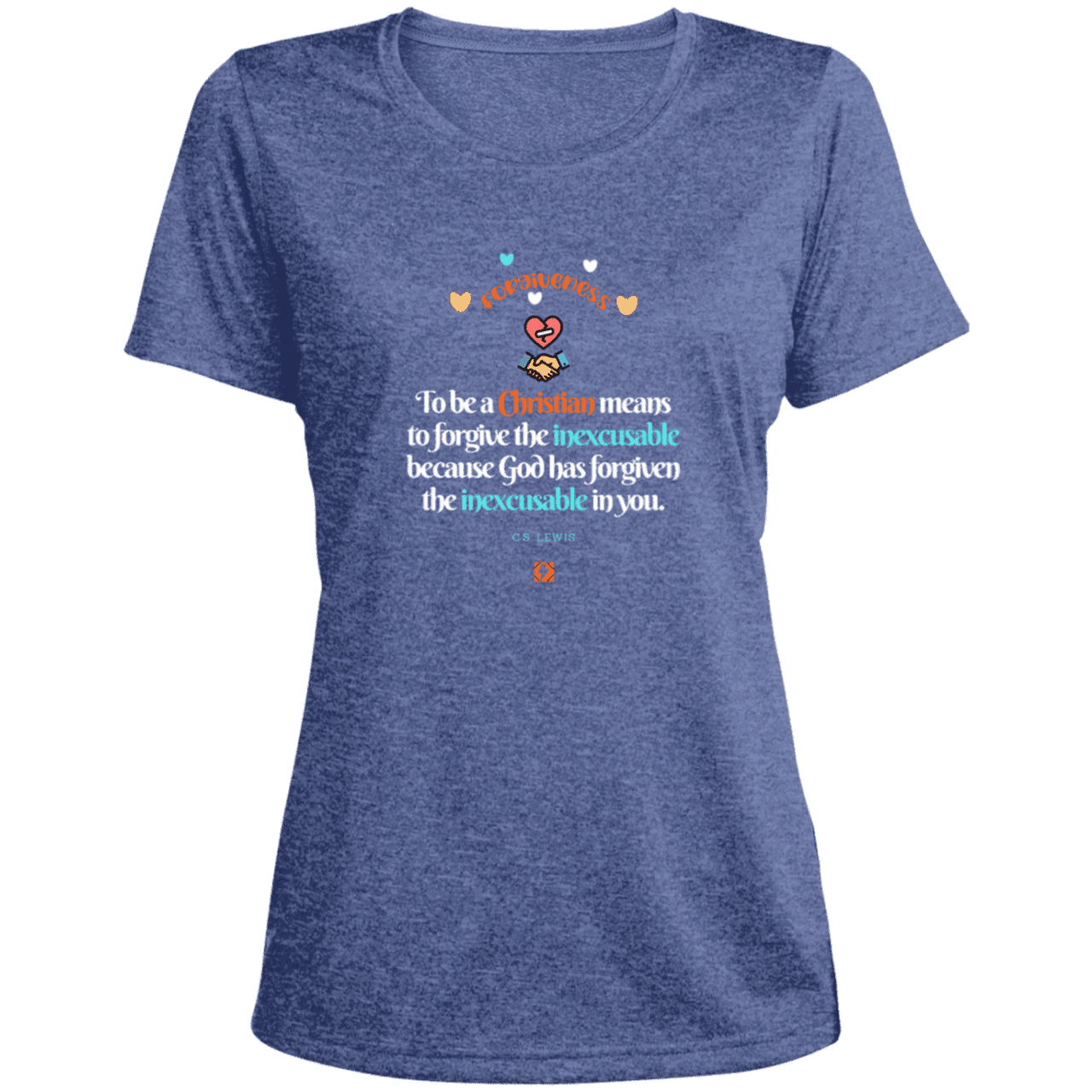 Ladies' Heather Scoop Neck Performance Tee with inspiring CS Lewis quote: CS116 - Forgive the inexcusable - Color: True Royal Heather