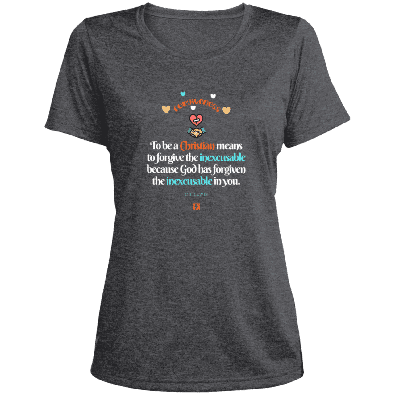 Ladies' Heather Scoop Neck Performance Tee with inspiring CS Lewis quote: CS116 - Forgive the inexcusable - Color: Graphite Heather