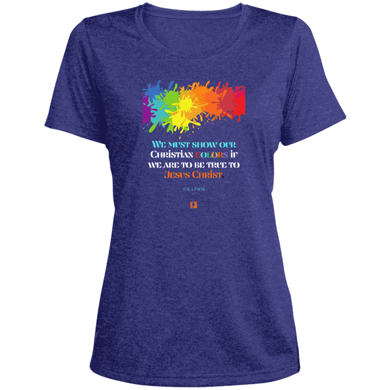 Ladies' Heather Scoop Neck Performance Tee with inspiring CS Lewis quote: CS117 - Show your Christian colors to be true - Color: Cobalt Heather