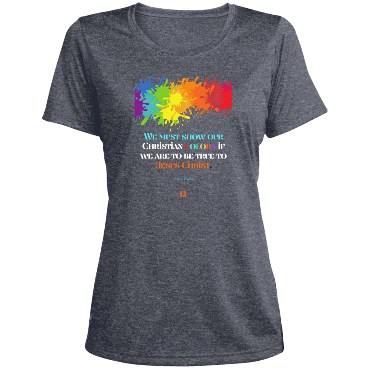 Ladies' Heather Scoop Neck Performance Tee with inspiring CS Lewis quote: CS117 - Show your Christian colors to be true - Color: True Navy Heather