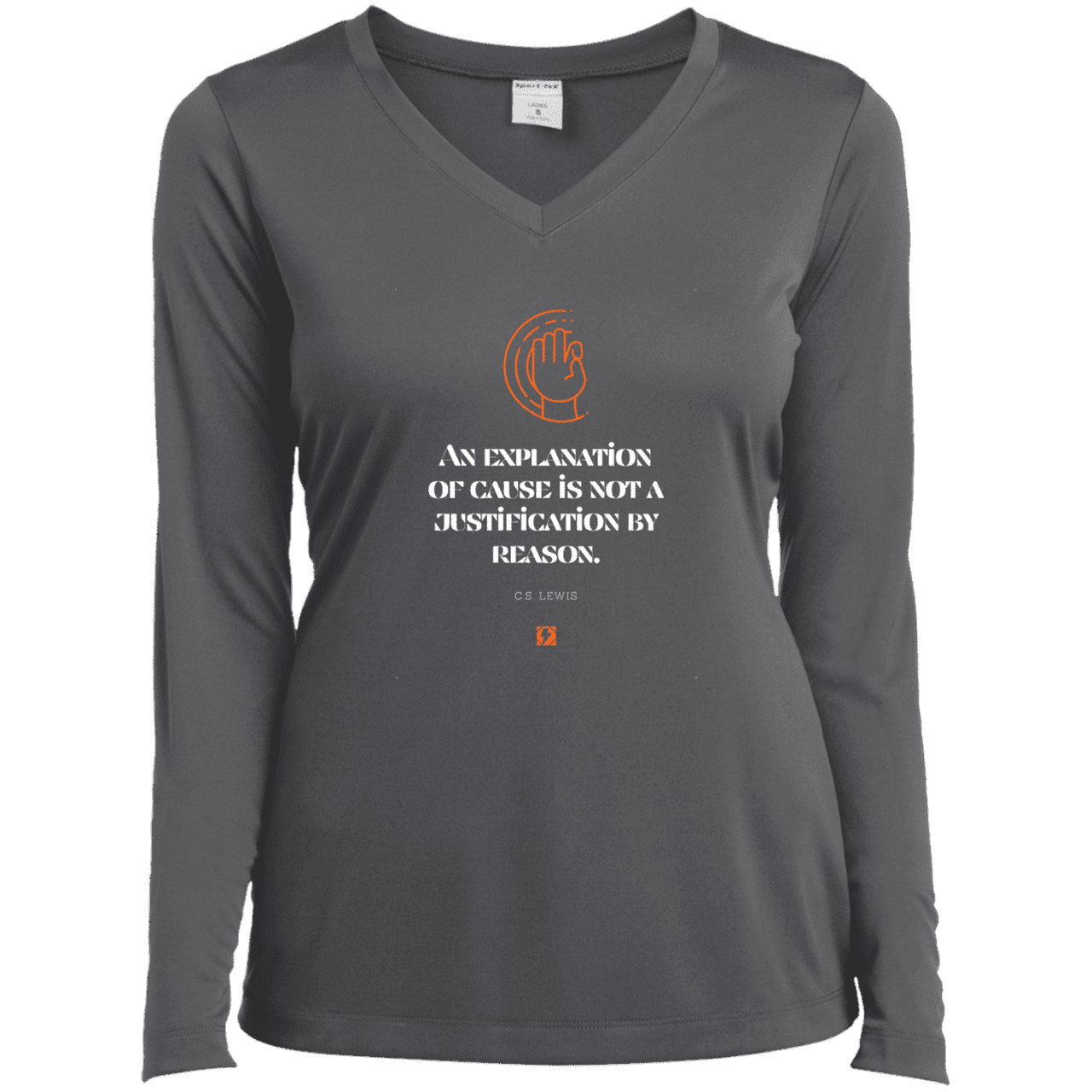 Ladies’ LS Performance V-Neck Tee with inspiring CS Lewis quote: CS102 - Explanations Vs Justifications - Color: Iron Grey