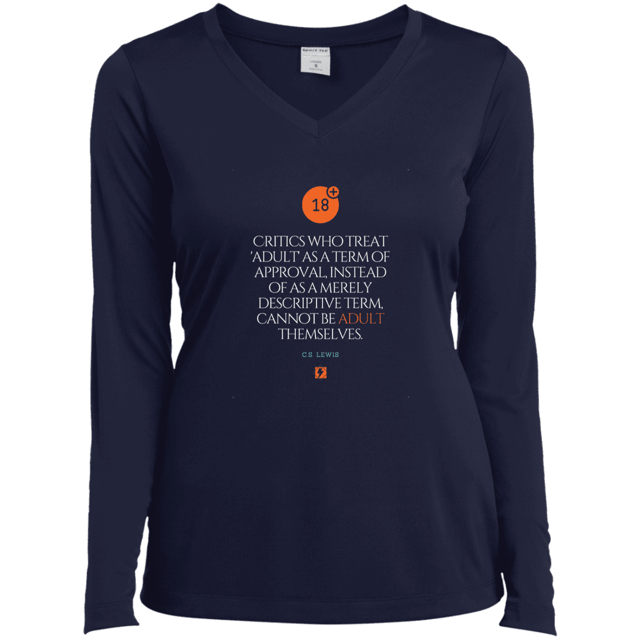 Ladies’ LS Performance V-Neck Tee with inspiring CS Lewis quote: CS103 - Who are the Adults - Color: True Navy