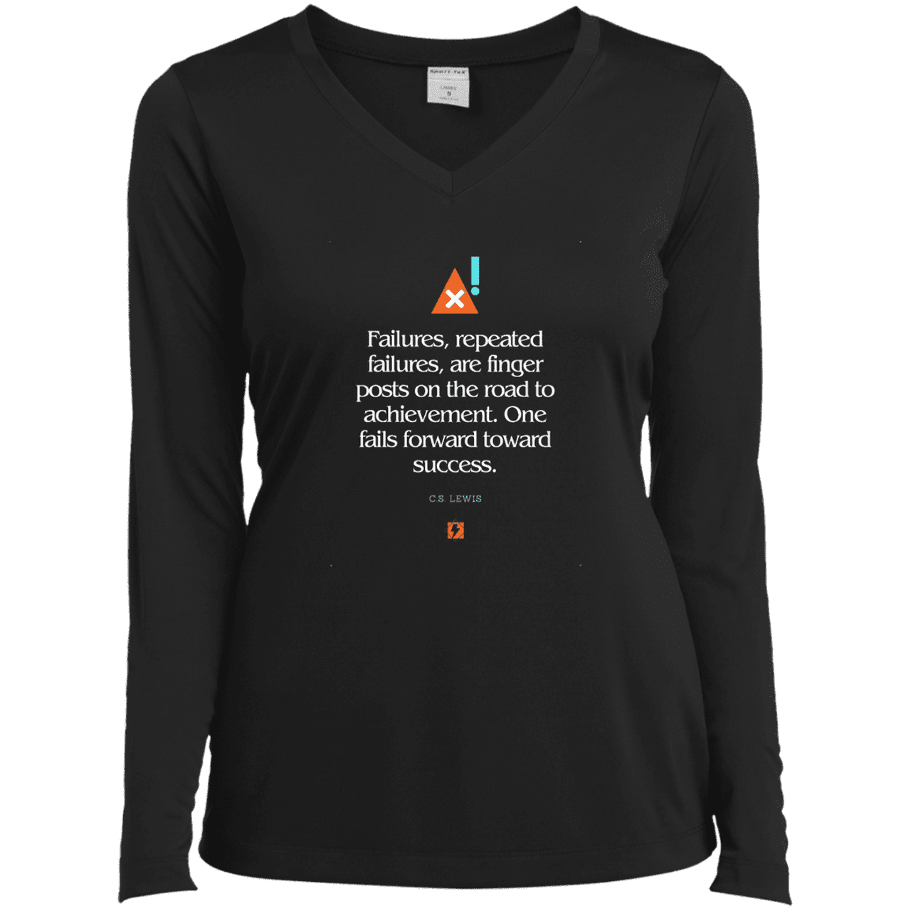 Ladies’ LS Performance V-Neck Tee with inspiring CS Lewis quote: CS104 - Failures to Success - Color: Black