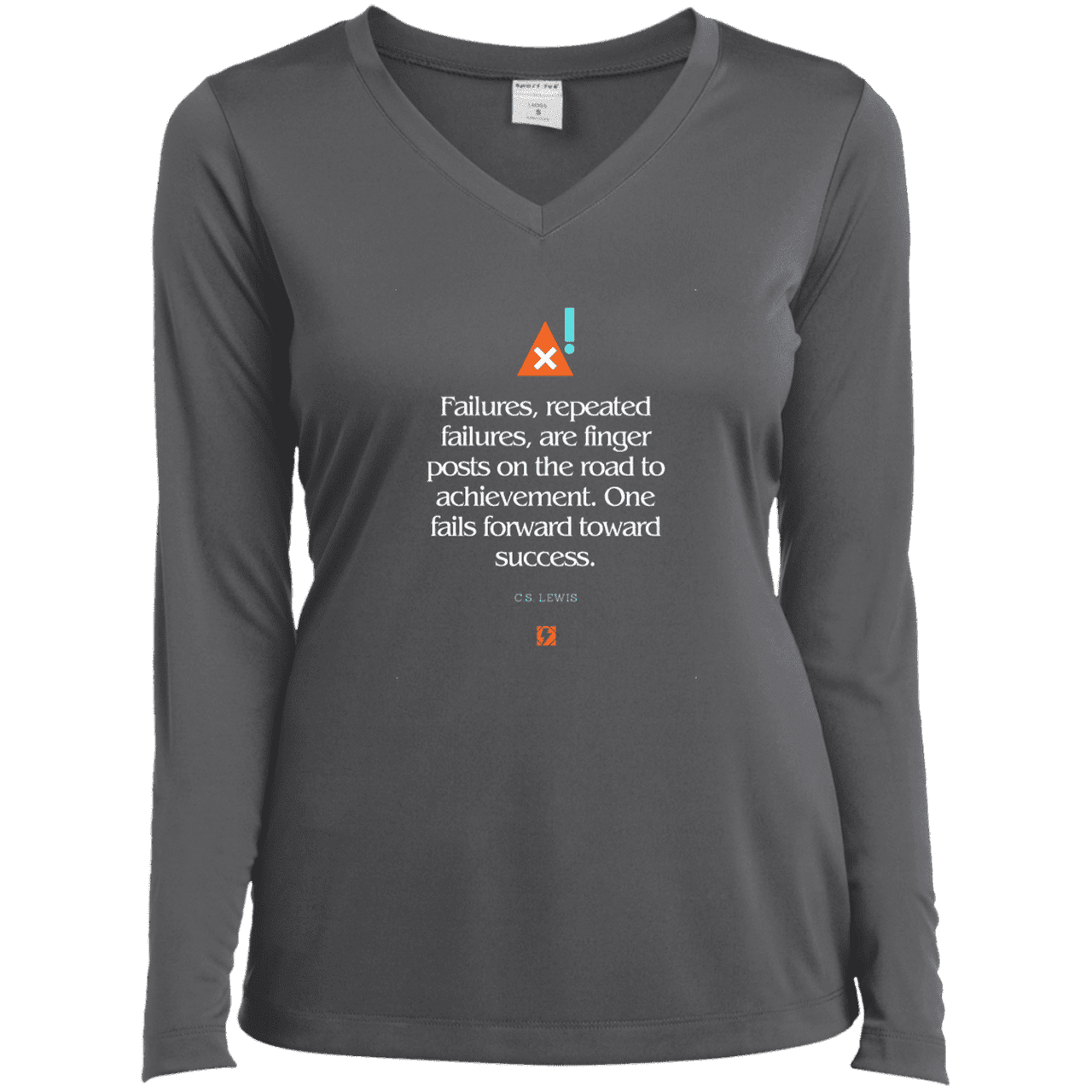 Ladies’ LS Performance V-Neck Tee with inspiring CS Lewis quote: CS104 - Failures to Success - Color: Iron Grey