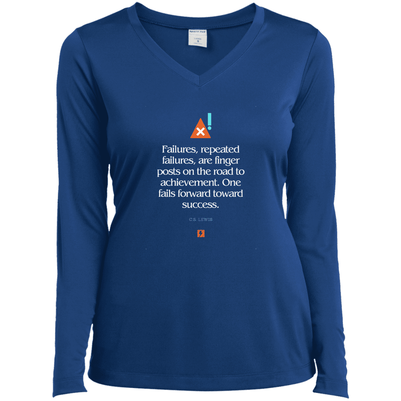 Ladies’ LS Performance V-Neck Tee with inspiring CS Lewis quote: CS104 - Failures to Success - Color: True Royal