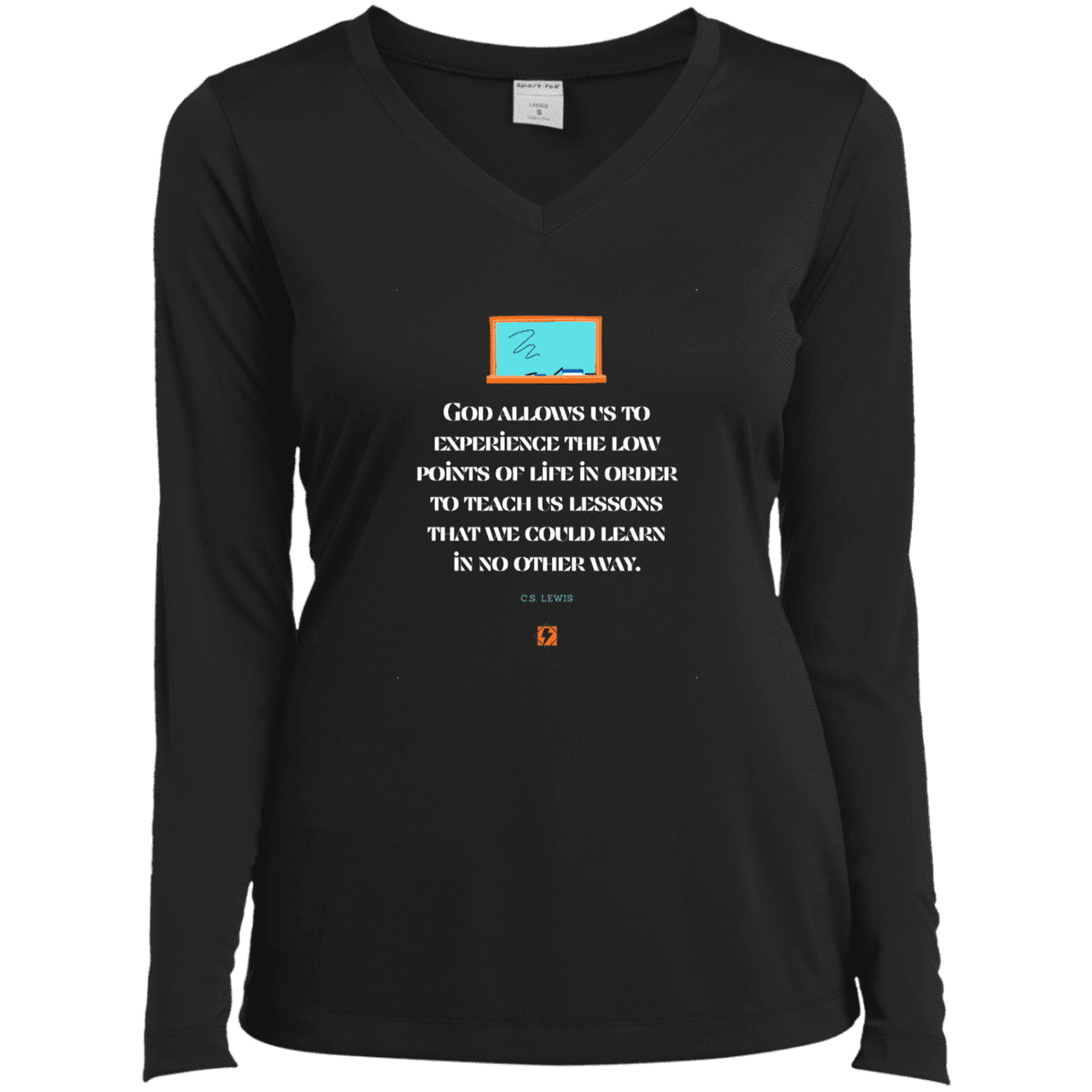 Ladies’ LS Performance V-Neck Tee with inspiring CS Lewis quote: CS105 - Lowpoints are lessons - Color: Black