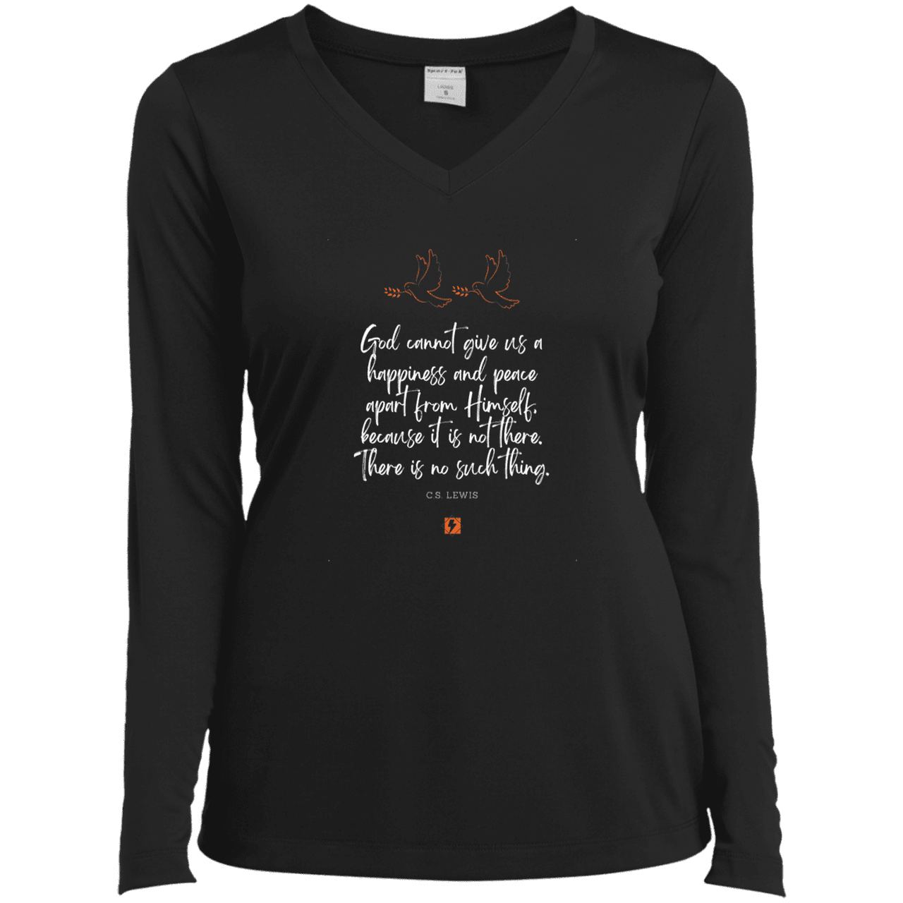 Ladies’ LS Performance V-Neck Tee with inspiring CS Lewis quote: CS106 - No peace apart from God - Color: Black