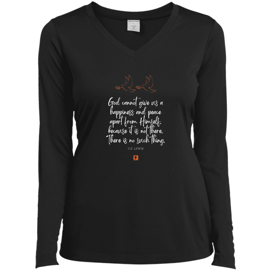 Ladies’ LS Performance V-Neck Tee with inspiring CS Lewis quote: CS106 - No peace apart from God - Color: Black