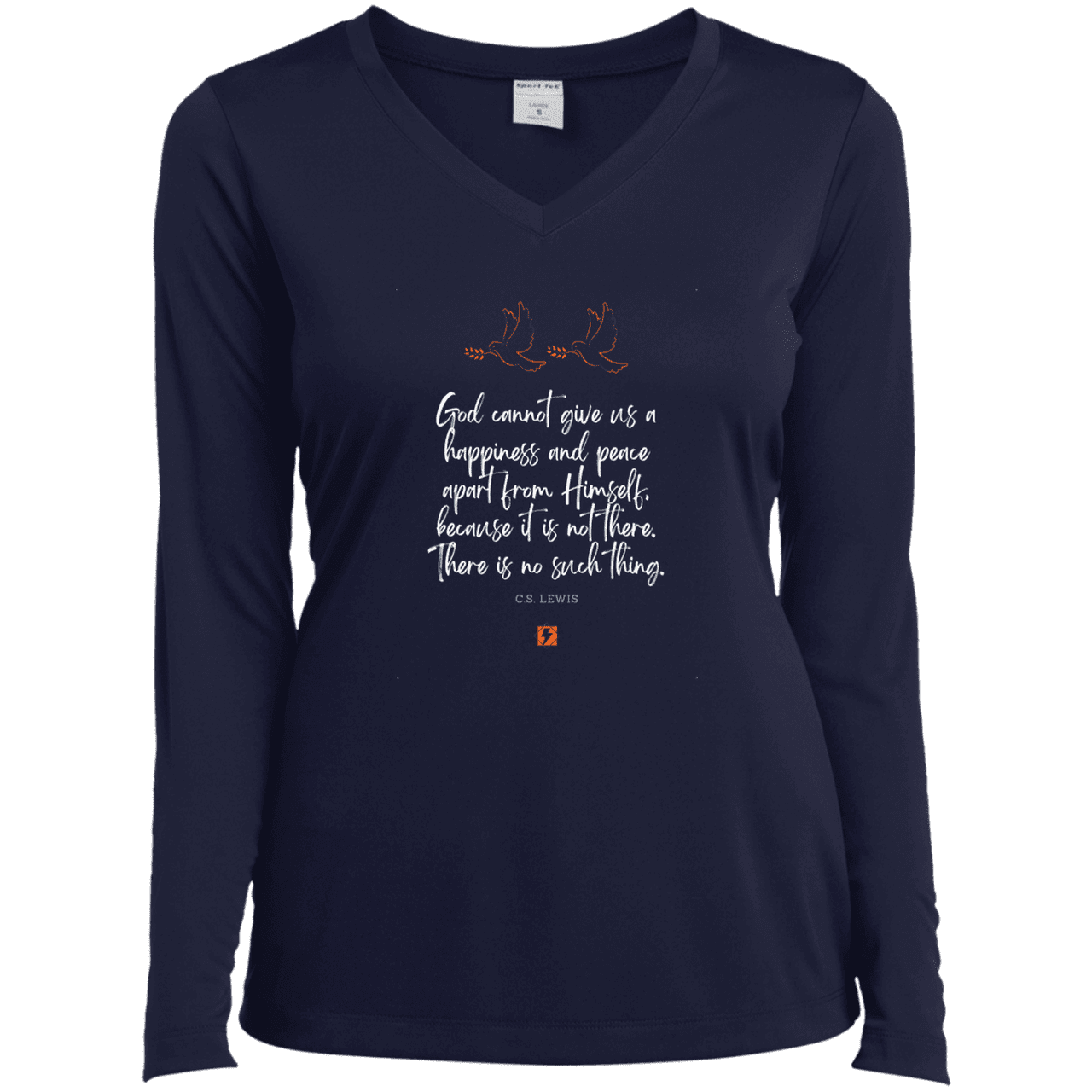 Ladies’ LS Performance V-Neck Tee with inspiring CS Lewis quote: CS106 - No peace apart from God - Color: True Navy