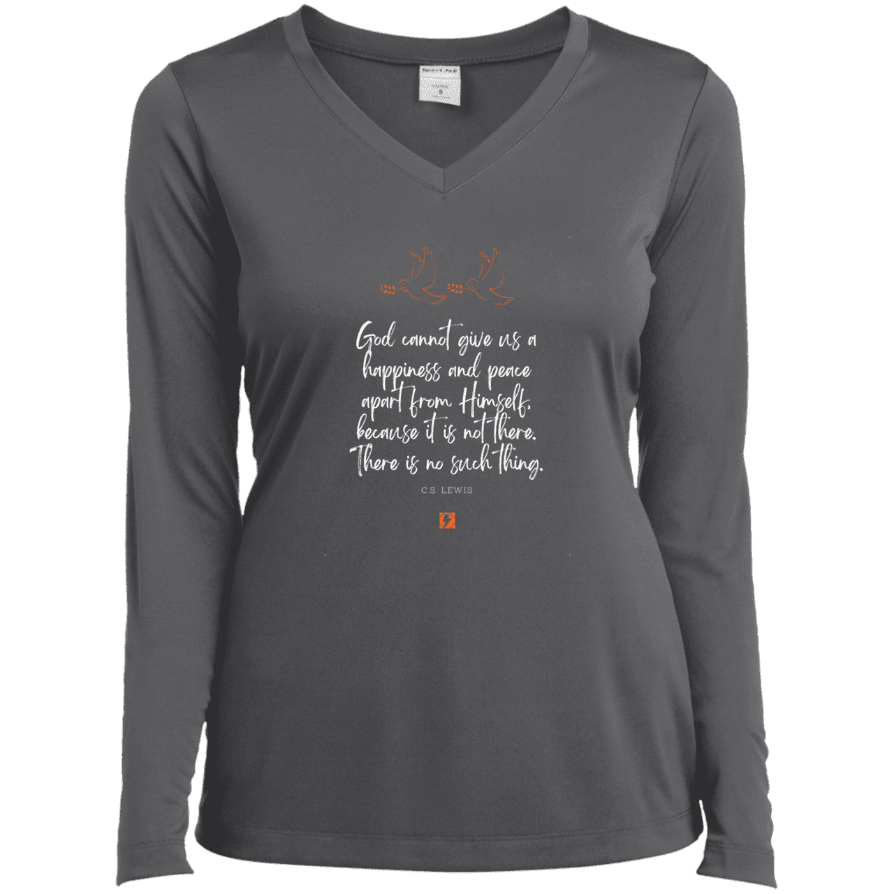 Ladies’ LS Performance V-Neck Tee with inspiring CS Lewis quote: CS106 - No peace apart from God - Color: Iron Grey