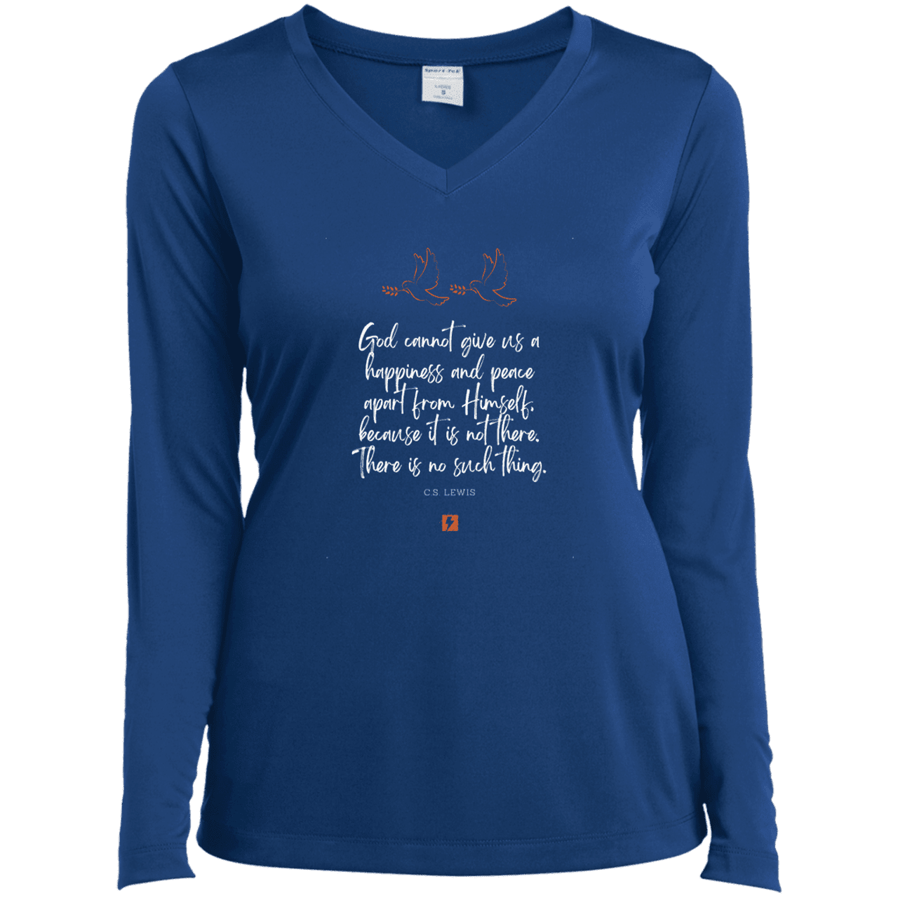 Ladies’ LS Performance V-Neck Tee with inspiring CS Lewis quote: CS106 - No peace apart from God - Color: True Royal