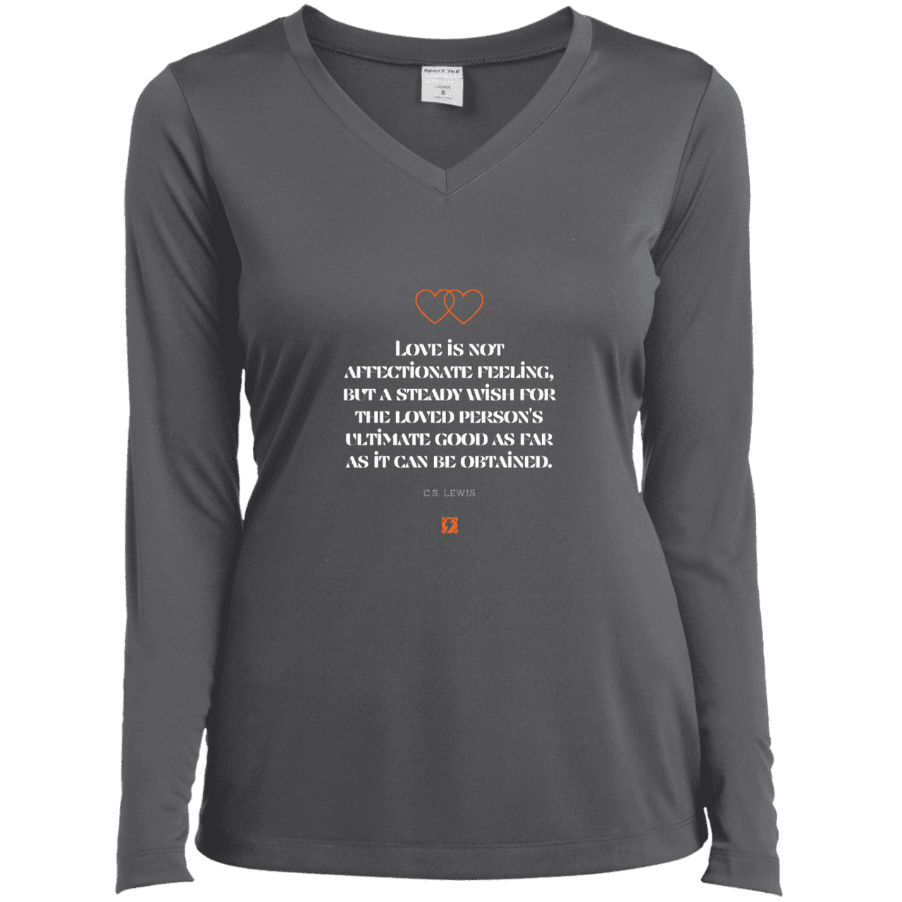 Ladies’ LS Performance V-Neck Tee with inspiring CS Lewis quote: CS108 - Love is about the ultimate good - Color: Iron Grey