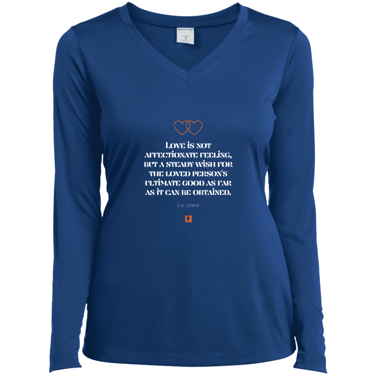 Ladies’ LS Performance V-Neck Tee with inspiring CS Lewis quote: CS108 - Love is about the ultimate good - Color: True Royal