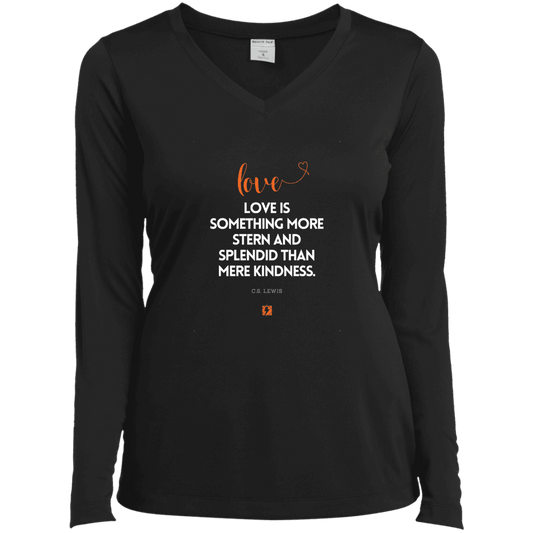 Ladies’ LS Performance V-Neck Tee with inspiring CS Lewis quote: CS109 - Love is more than kindness - Color: Black