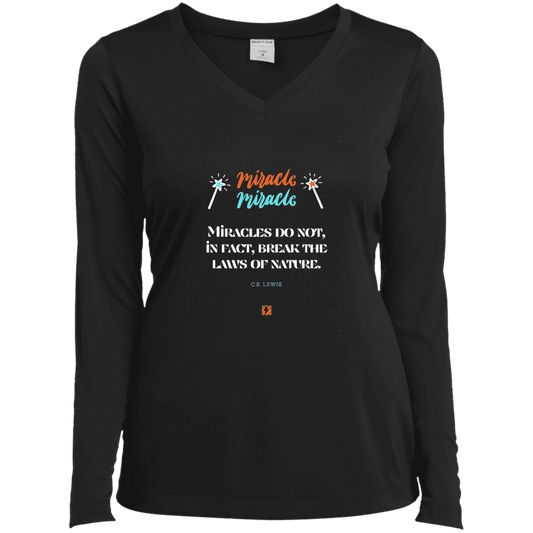 Ladies’ LS Performance V-Neck Tee with inspiring CS Lewis quote: CS110 - Miracles do not break natural laws - Color: Black