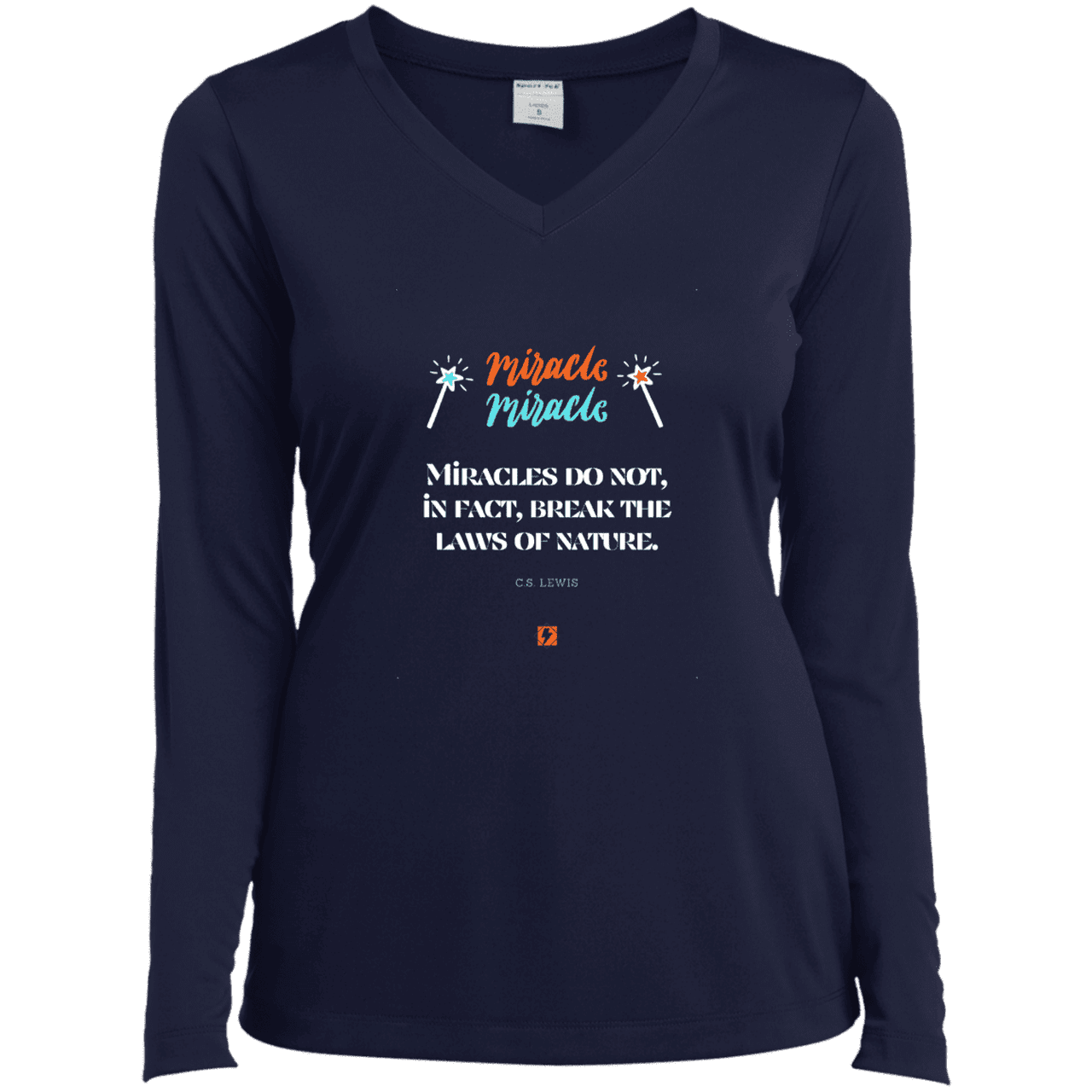 Ladies’ LS Performance V-Neck Tee with inspiring CS Lewis quote: CS110 - Miracles do not break natural laws - Color: True Navy