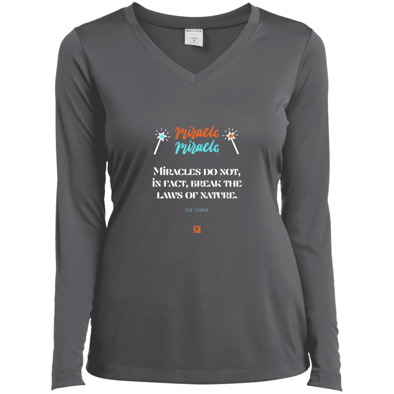 Ladies’ LS Performance V-Neck Tee with inspiring CS Lewis quote: CS110 - Miracles do not break natural laws - Color: Iron Grey