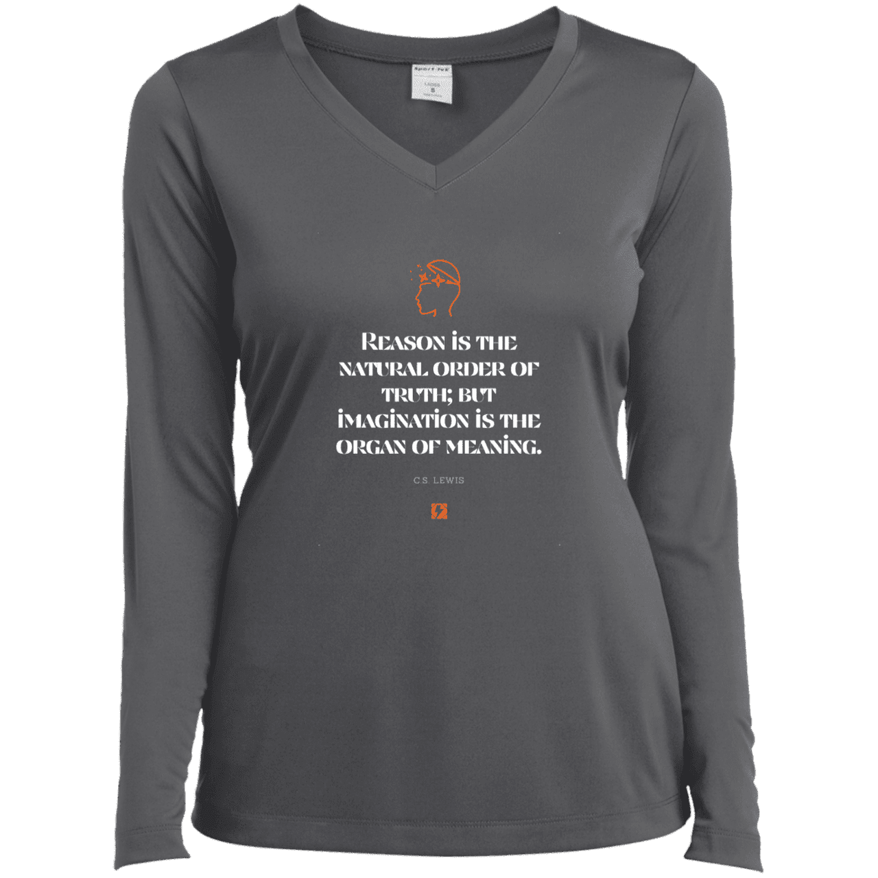 Ladies’ LS Performance V-Neck Tee with inspiring CS Lewis quote: CS113 - Truth and meaning require reason and imagination - Color: Iron Grey