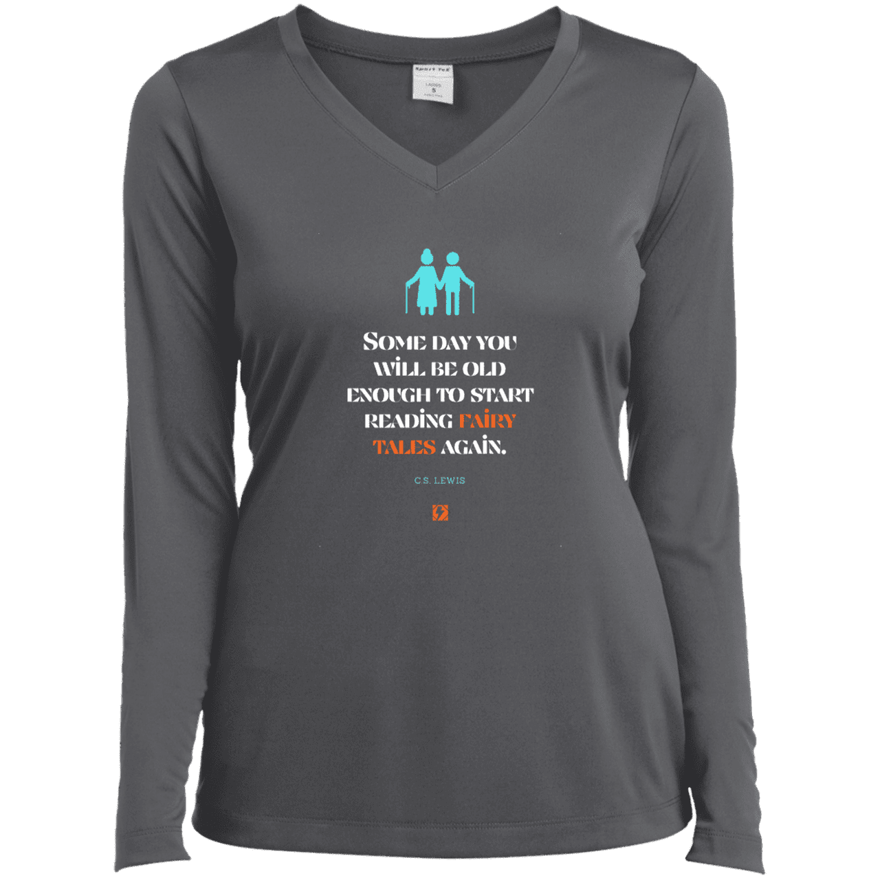 Ladies’ LS Performance V-Neck Tee with inspiring CS Lewis quote: CS114 - Fairy tales for the old - Color: Iron Grey