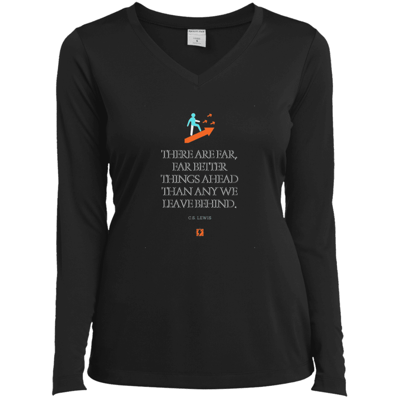 Ladies’ LS Performance V-Neck Tee with inspiring CS Lewis quote: CS115 - Better things ahead than behind - Color: Black