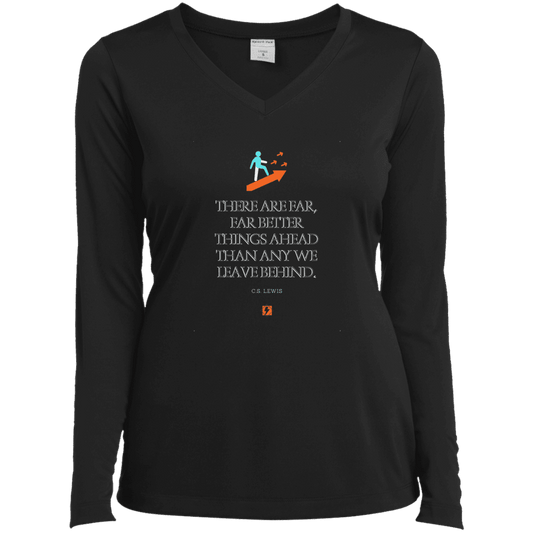 Ladies’ LS Performance V-Neck Tee with inspiring CS Lewis quote: CS115 - Better things ahead than behind - Color: Black