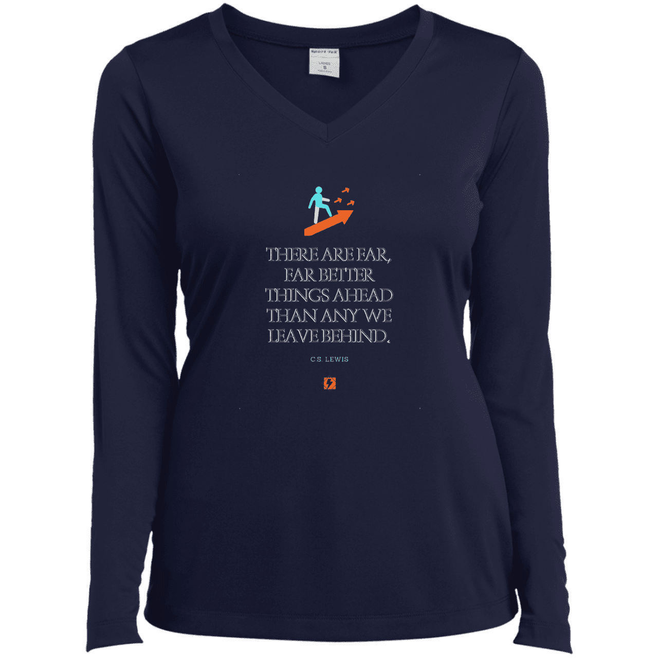 Ladies’ LS Performance V-Neck Tee with inspiring CS Lewis quote: CS115 - Better things ahead than behind - Color: True Navy