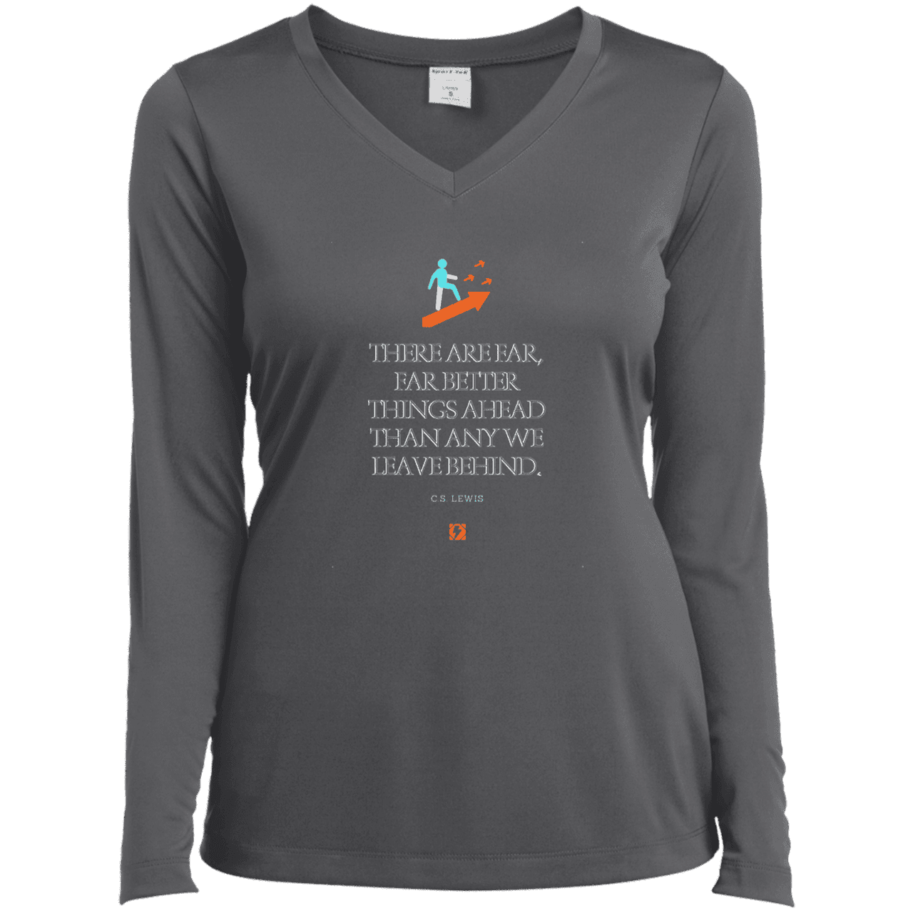 Ladies’ LS Performance V-Neck Tee with inspiring CS Lewis quote: CS115 - Better things ahead than behind - Color: Iron Grey