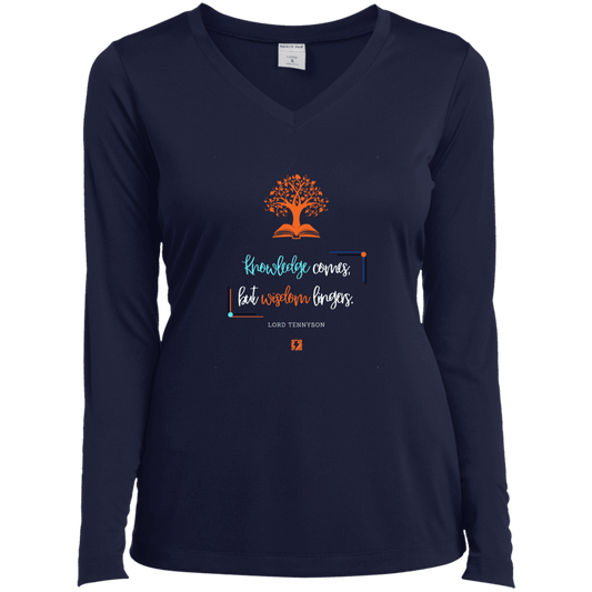 Ladies’ LS Performance V-Neck Tee with inspiring Tennyson quote: LT107 - Knowledge vs Wisdom - Color: True Navy