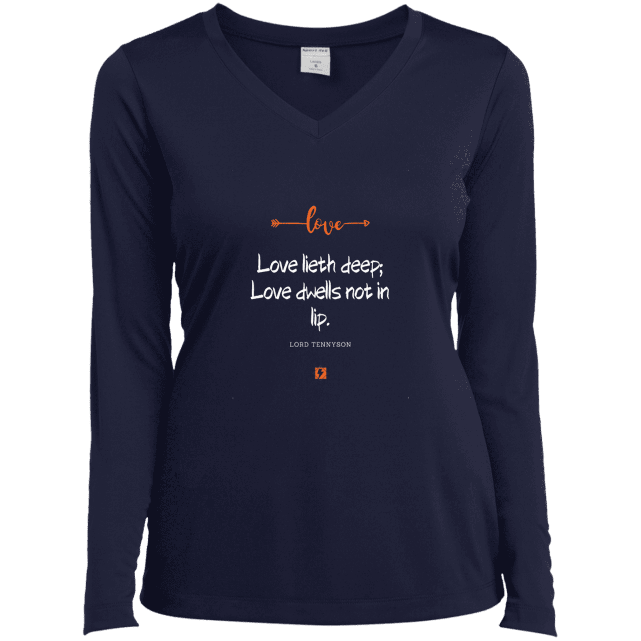 Ladies’ LS Performance V-Neck Tee with inspiring Tennyson quote: LT110 - Love is in the depth of the heart - Color: True Navy