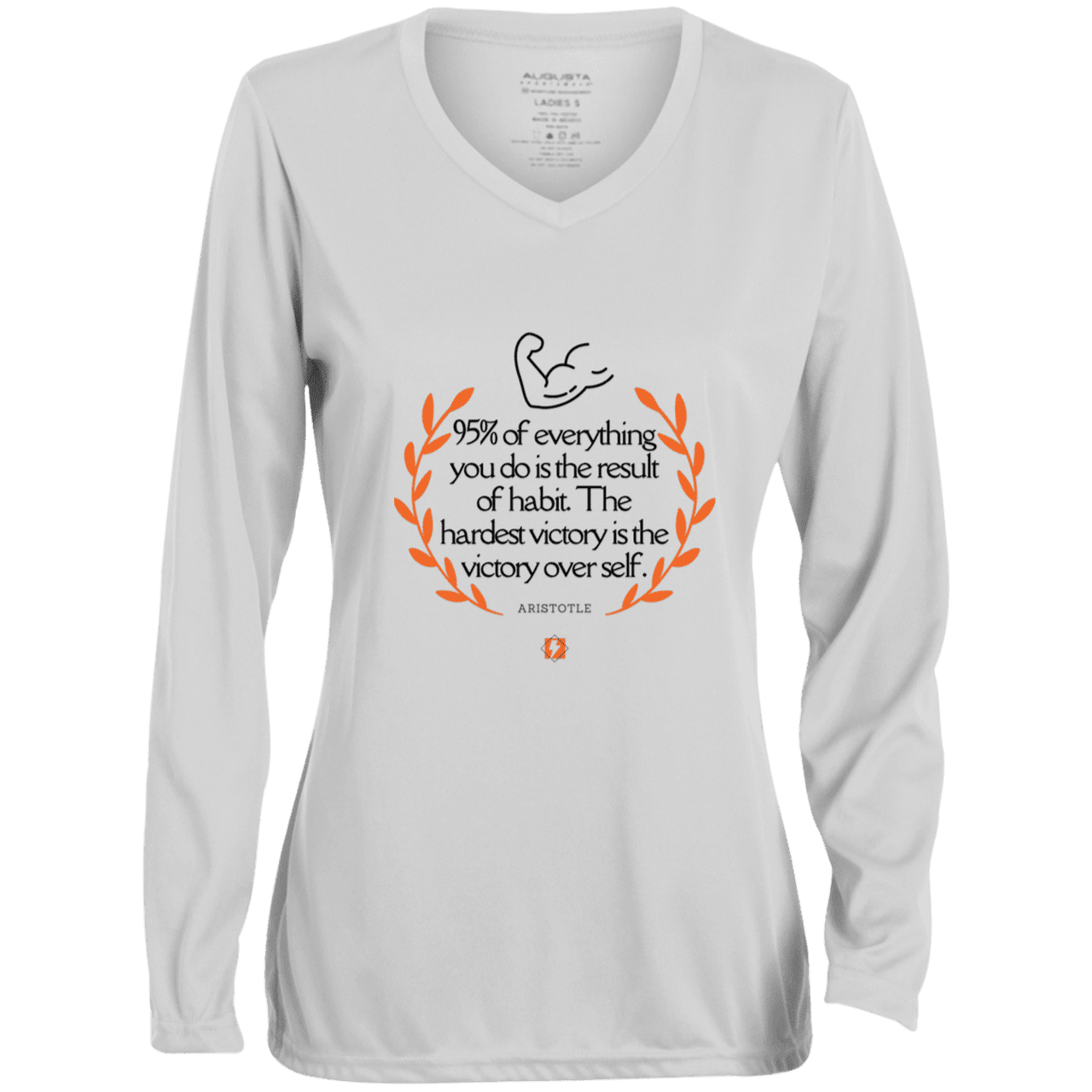 Ladies' Moisture-Wicking LS V-Neck T-Shirt with inspiring Aristotle quote: A101 - Habits lead to victory - Color: White