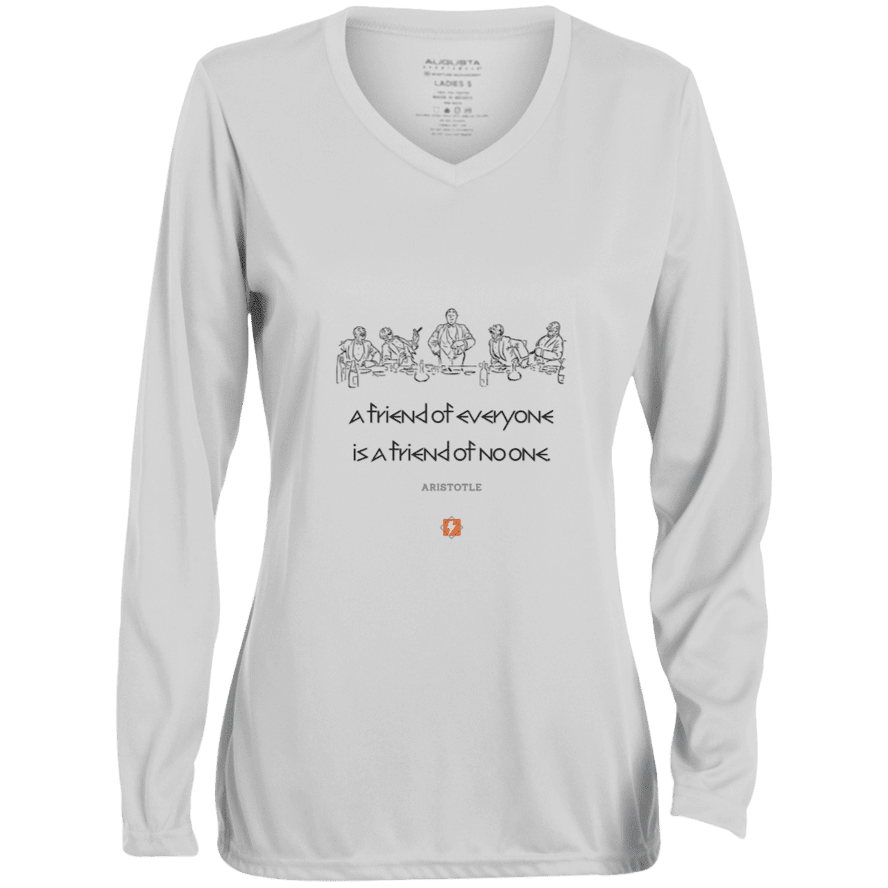 Ladies' Moisture-Wicking LS V-Neck T-Shirt with inspiring Aristotle quote: A103 - Do not be friendwith inspiring everyone - Color: White