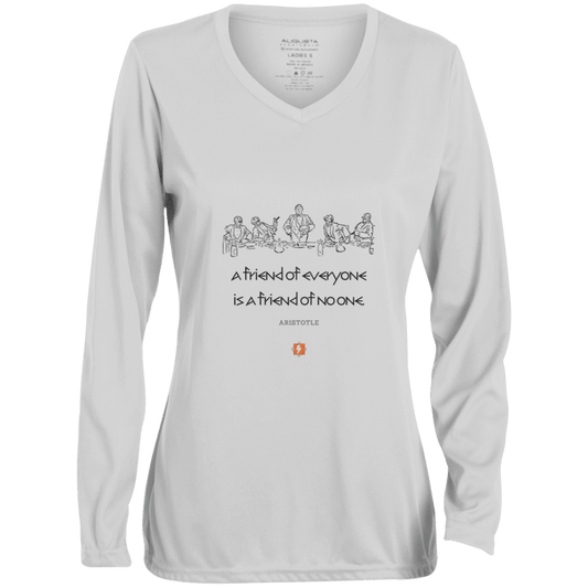 Ladies' Moisture-Wicking LS V-Neck T-Shirt with inspiring Aristotle quote: A103 - Do not be friendwith inspiring everyone - Color: White