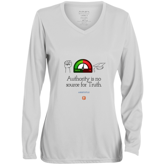 Ladies' Moisture-Wicking LS V-Neck T-Shirt with inspiring Aristotle quote: A105 - Authority has no bearing on truth - Color: White