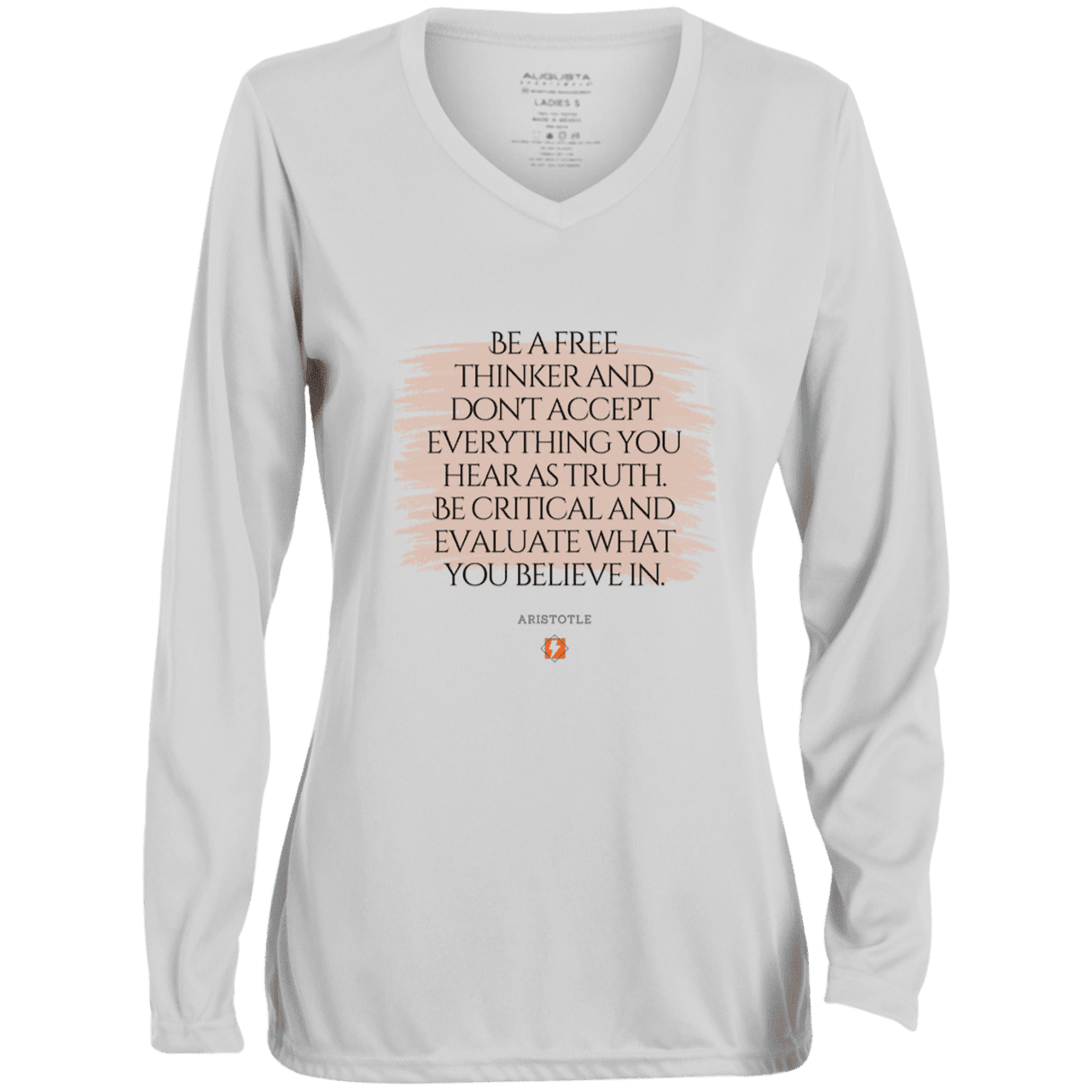 Ladies' Moisture-Wicking LS V-Neck T-Shirt with inspiring Aristotle quote: A106 - Become a critical thinker - Color: White