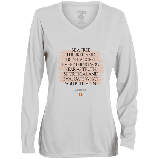 Ladies' Moisture-Wicking LS V-Neck T-Shirt with inspiring Aristotle quote: A106 - Become a critical thinker - Color: White