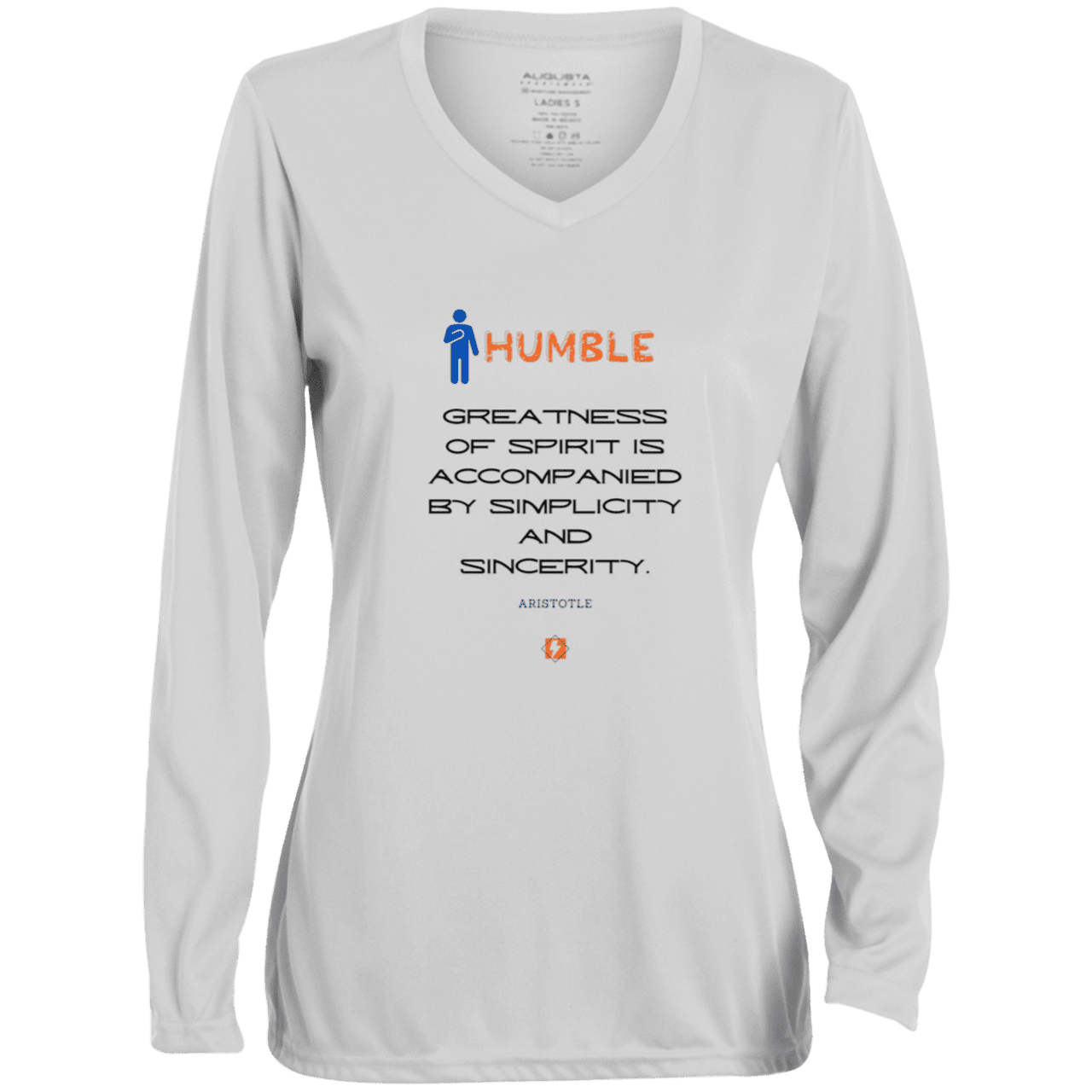 Ladies' Moisture-Wicking LS V-Neck T-Shirt with inspiring Aristotle quote: A111 - Staying humble elevates greatness - Color: White