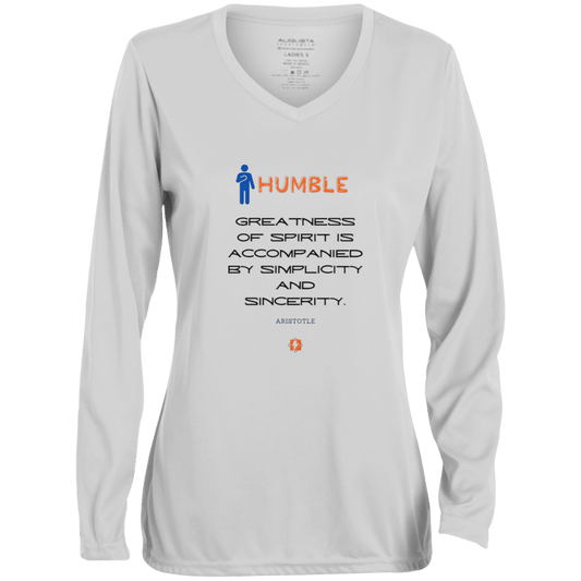 Ladies' Moisture-Wicking LS V-Neck T-Shirt with inspiring Aristotle quote: A111 - Staying humble elevates greatness - Color: White