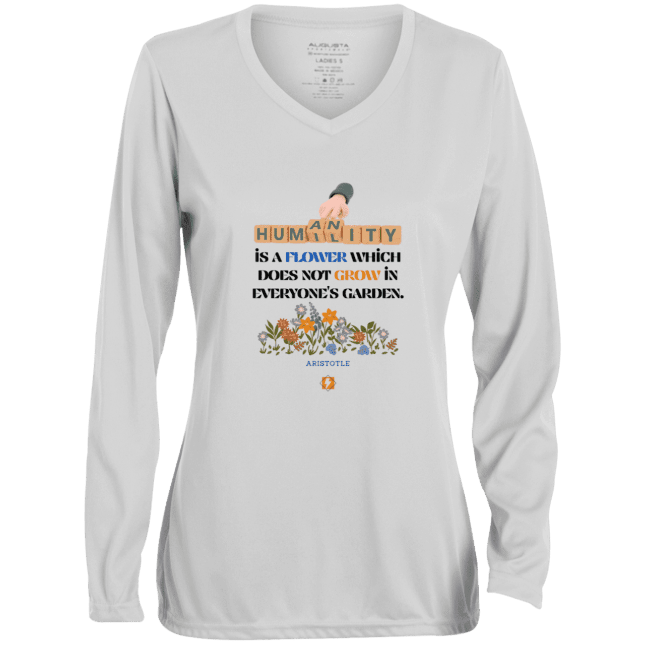 Ladies' Moisture-Wicking LS V-Neck T-Shirt with inspiring Aristotle quote: A115 - Humility is not in everyone - Color: White