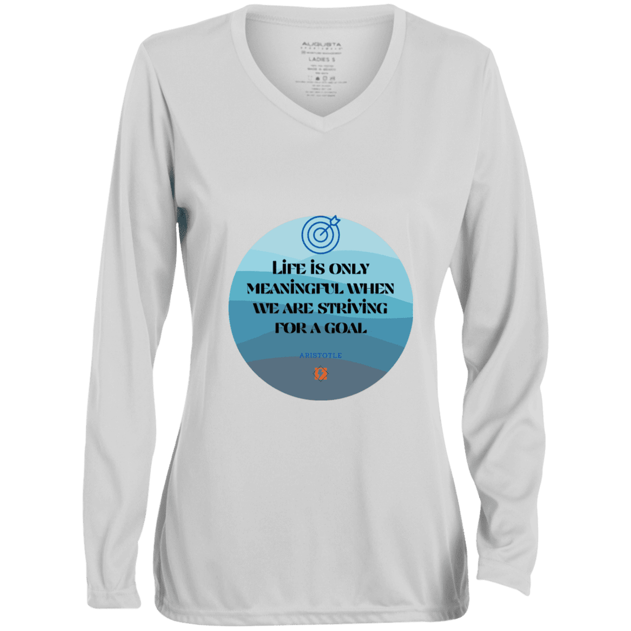 Ladies' Moisture-Wicking LS V-Neck T-Shirt with inspiring Aristotle quote: A119 - Aimless lives are meaningless - Color: White