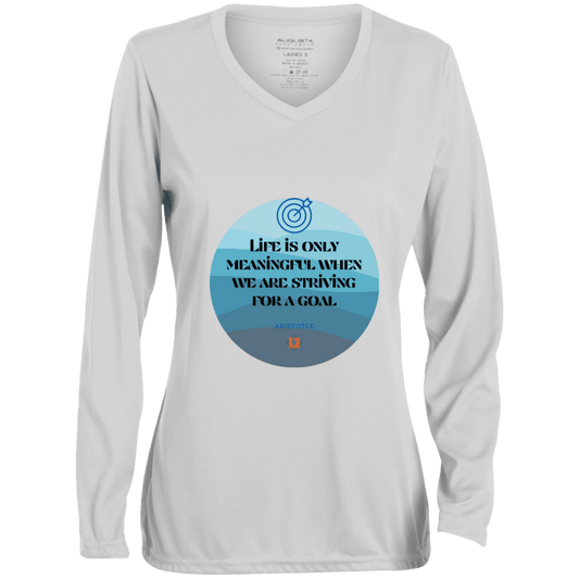 Ladies' Moisture-Wicking LS V-Neck T-Shirt with inspiring Aristotle quote: A119 - Aimless lives are meaningless - Color: White