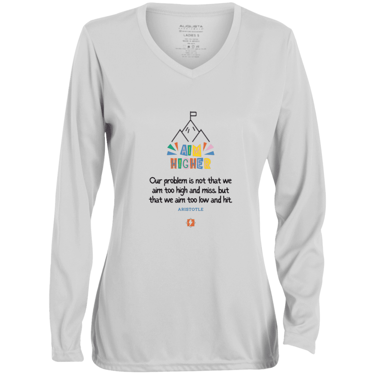 Ladies' Moisture-Wicking LS V-Neck T-Shirt with inspiring Aristotle quote: A122 - Aim higher #1 - Color: White