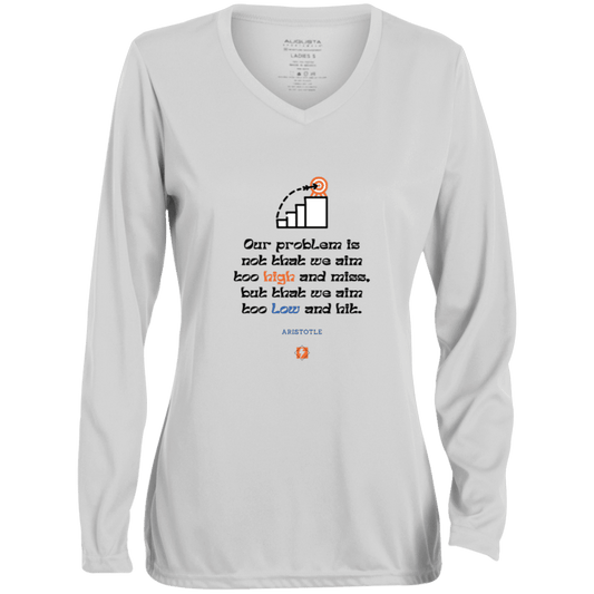 Ladies' Moisture-Wicking LS V-Neck T-Shirt with inspiring Aristotle quote: A123 - Aim Higher #2 - Color: White