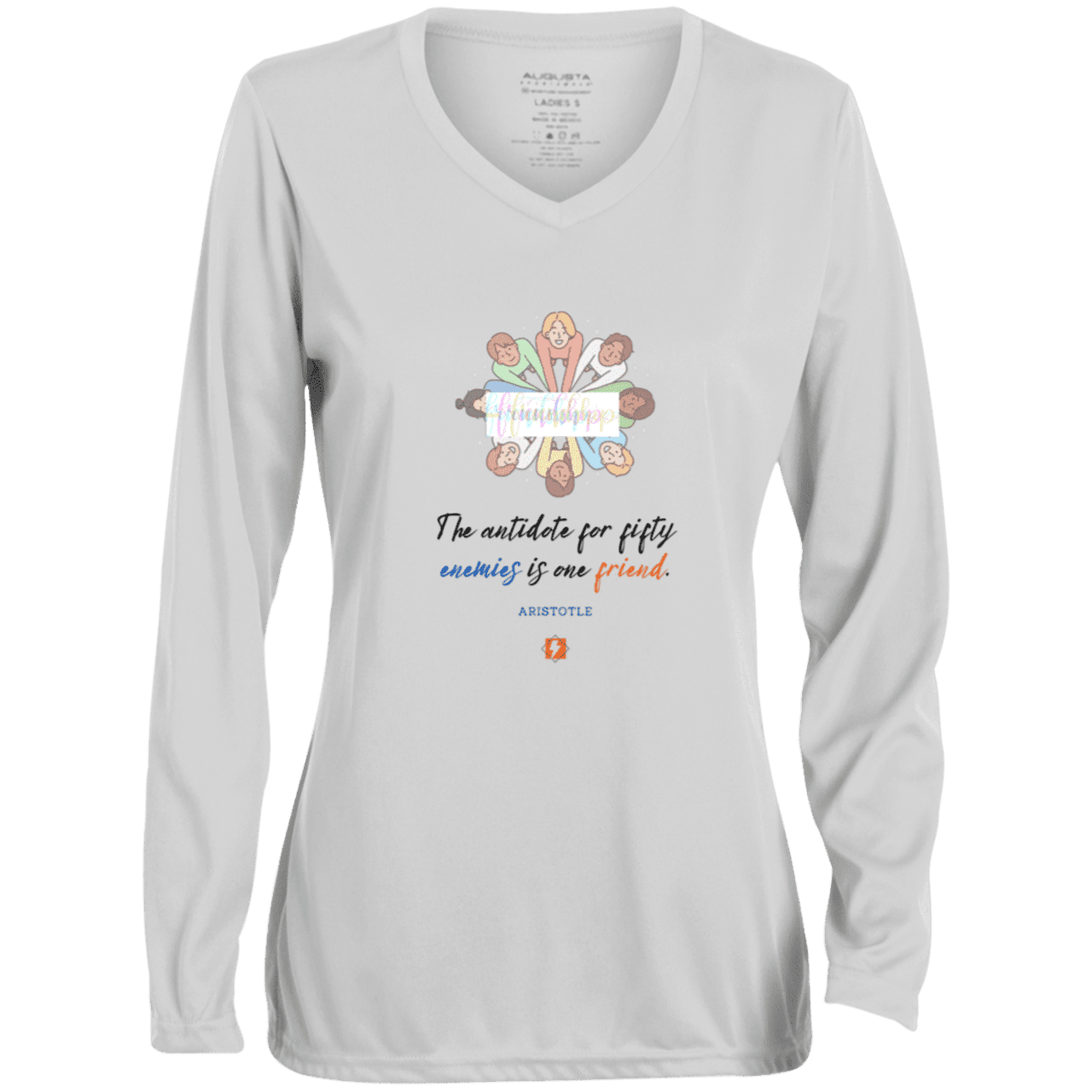 Ladies' Moisture-Wicking LS V-Neck T-Shirt with inspiring Aristotle quote: A124 - Friendship is the antidote - Color: White