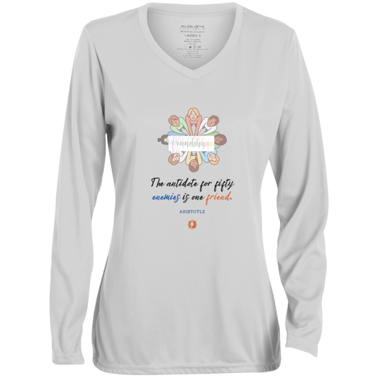 Ladies' Moisture-Wicking LS V-Neck T-Shirt with inspiring Aristotle quote: A124 - Friendship is the antidote - Color: White