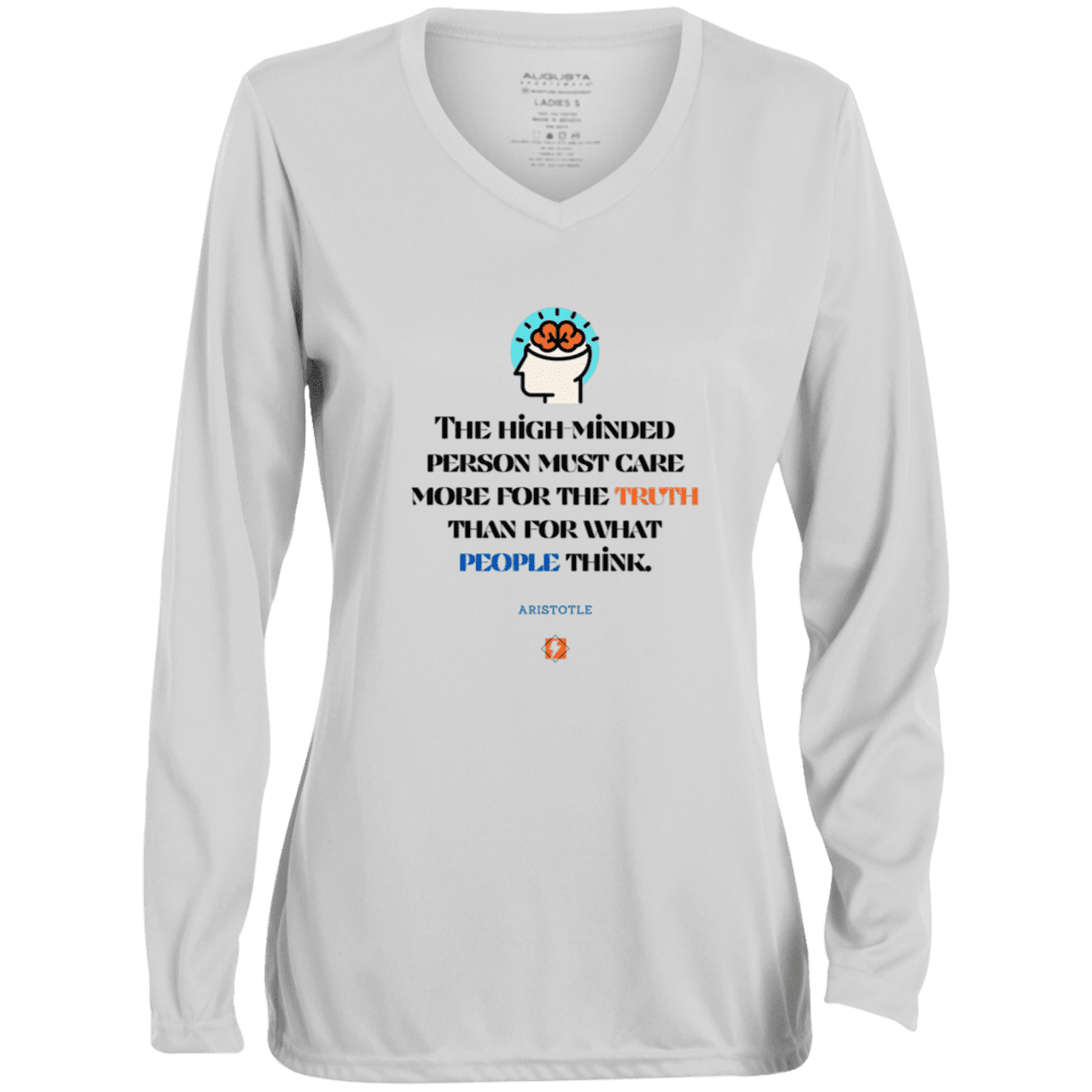 Ladies' Moisture-Wicking LS V-Neck T-Shirt with inspiring Aristotle quote: A126 - Truth cares not for opinions - Color: White