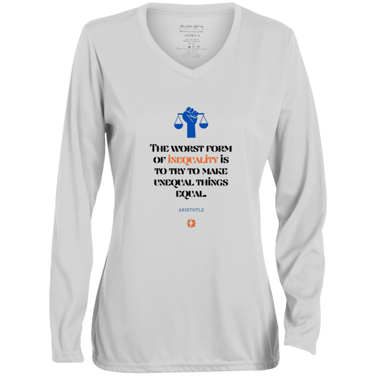 Ladies' Moisture-Wicking LS V-Neck T-Shirt with inspiring Aristotle quote: A128 - Communism is worse than inequality - Color: White