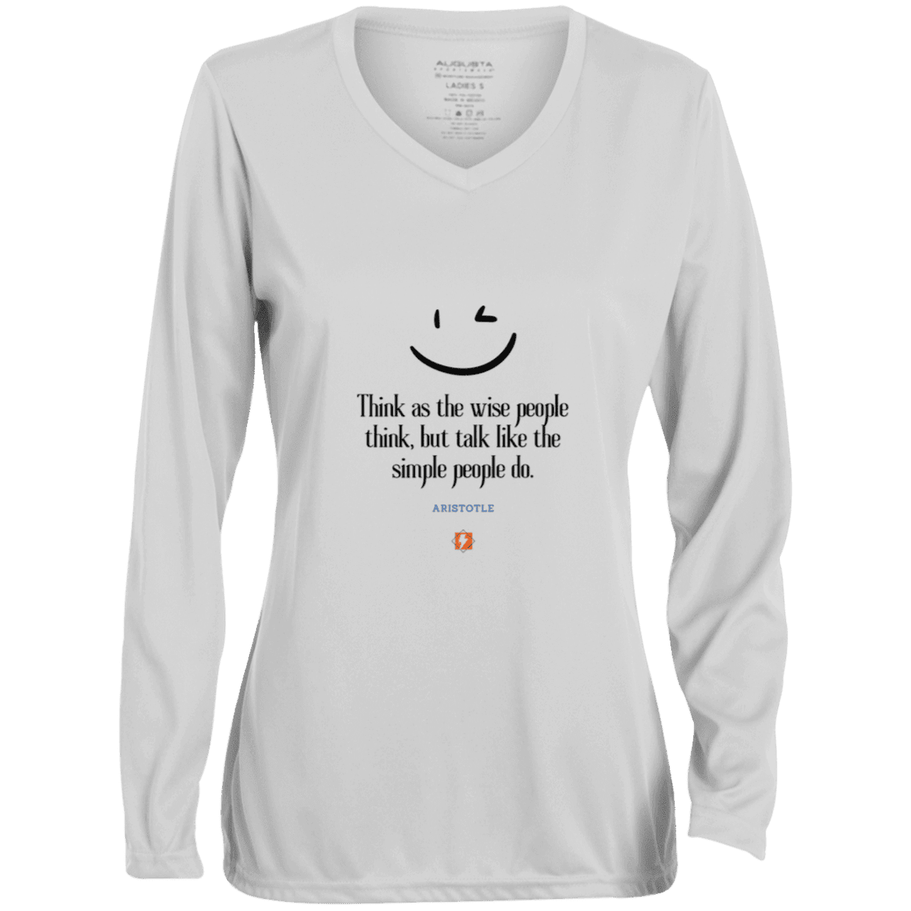 Ladies' Moisture-Wicking LS V-Neck T-Shirt with inspiring Aristotle quote: A129 - Think wisely speak simply - Color: White