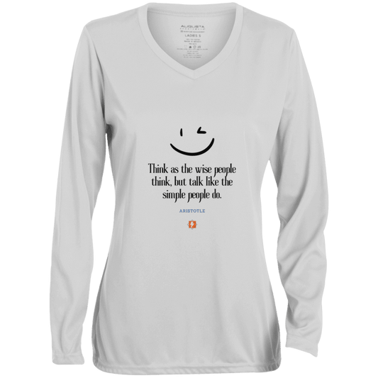 Ladies' Moisture-Wicking LS V-Neck T-Shirt with inspiring Aristotle quote: A129 - Think wisely speak simply - Color: White