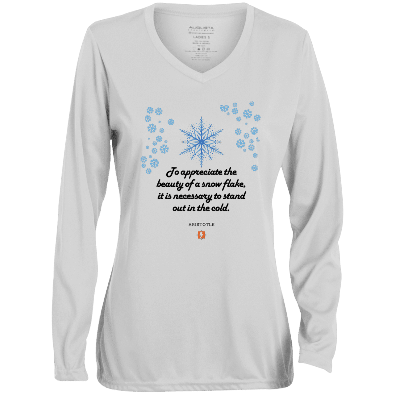 Ladies' Moisture-Wicking LS V-Neck T-Shirt with inspiring Aristotle quote: A130 - Appreciation requires interaction - Color: White